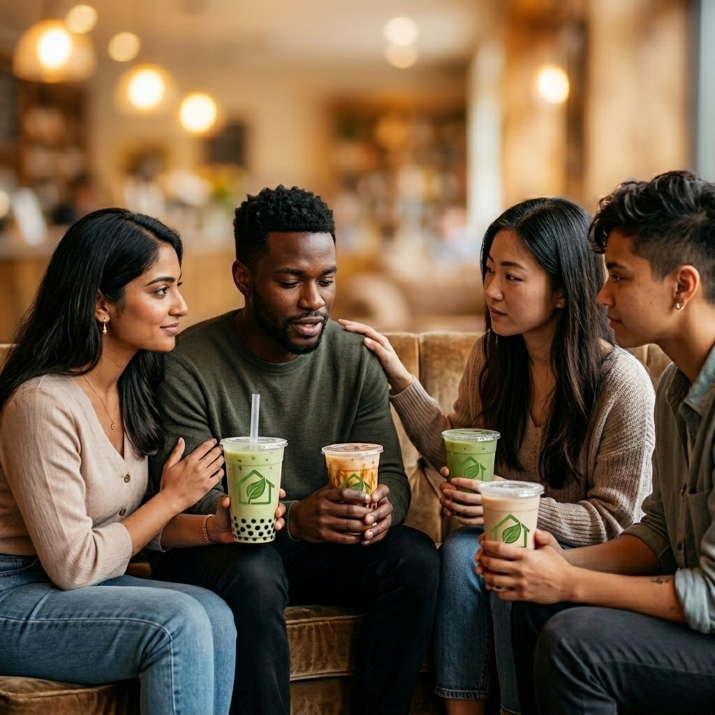 A small group sitting together in a warm, supportive conversation